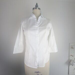 White Women's Button Down Shirt Pendleton Cotton Blouse Collared 3/4 Sleeve
